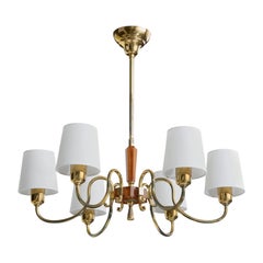 Swedish Designer, Chandelier, Brass, Wood, Fabric, Sweden, 1940s