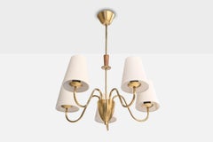 Swedish Designer, Chandelier, Brass, Wood, Fabric, Sweden, 1950s