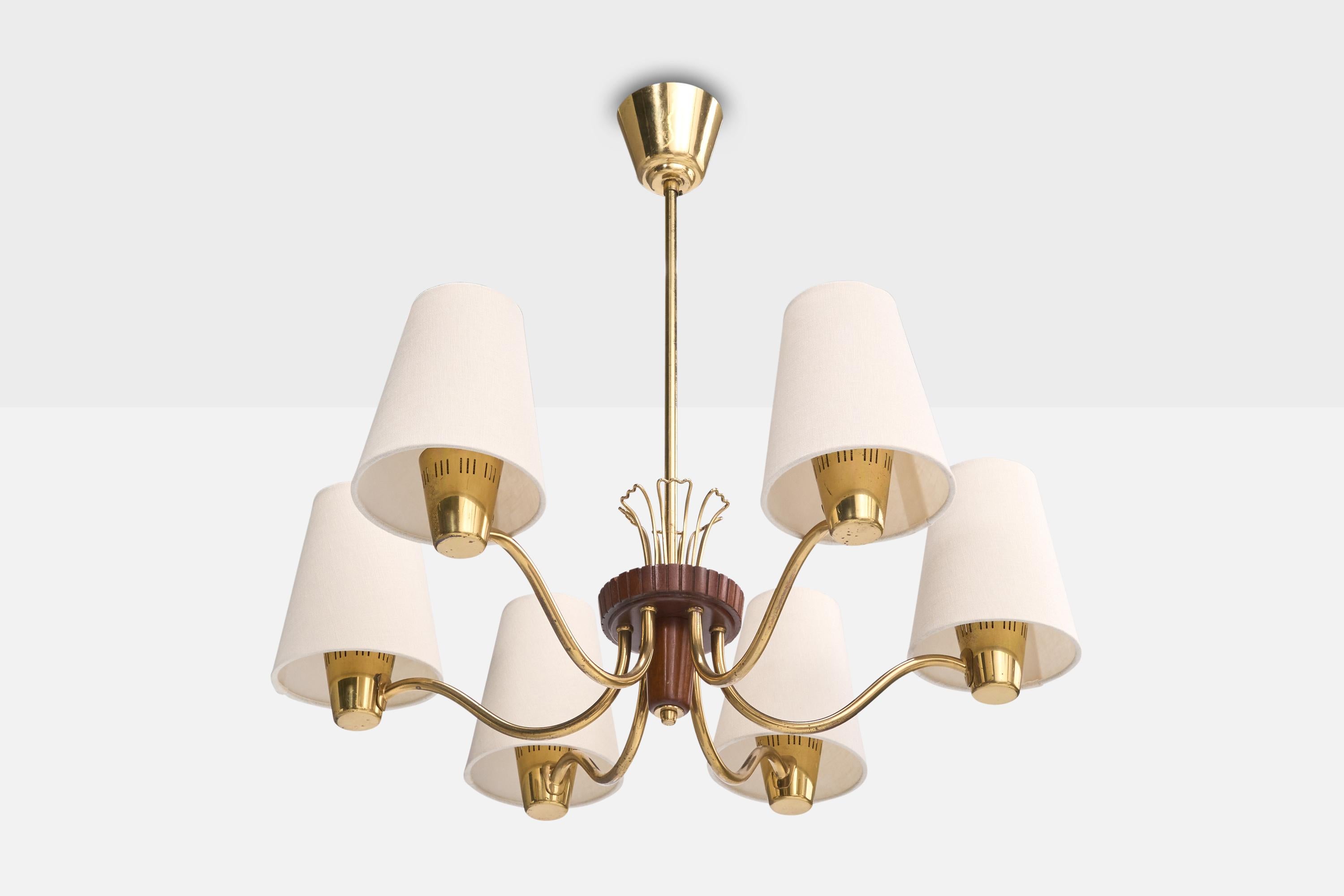 A brass, dark-stained wood and white fabric chandelier designed and produced in Sweden, c. 1950s.

The brass stem presents with light oxidation.

Brand new fabric shades.

Overall Dimensions (inches): 24.5” H x 24” Diameter

Dimensions of Canopy: 3“