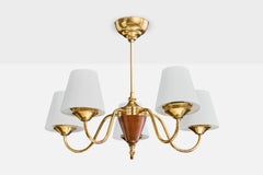 Swedish Designer, Chandelier, Brass, Wood, Fabric, Sweden, 1950s