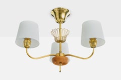 Swedish Designer, Chandelier, Brass, Wood, Fabric, Sweden, 1950s