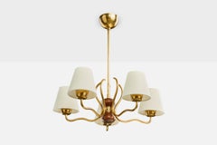 Schwedischer Designer, Kronleuchter, Messing, Holz, Stoff, Schweden, 1950er Jahre