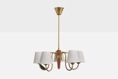 Swedish Designer, Chandelier, Brass, Wood, Fabric, Sweden, 1950s