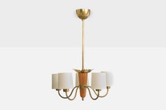 Swedish Designer, Chandelier, Brass, Wood, Fabric, Sweden, 1950s