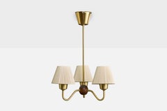 Swedish Designer, Chandelier, Brass, Wood, Fabric, Sweden, 1950s