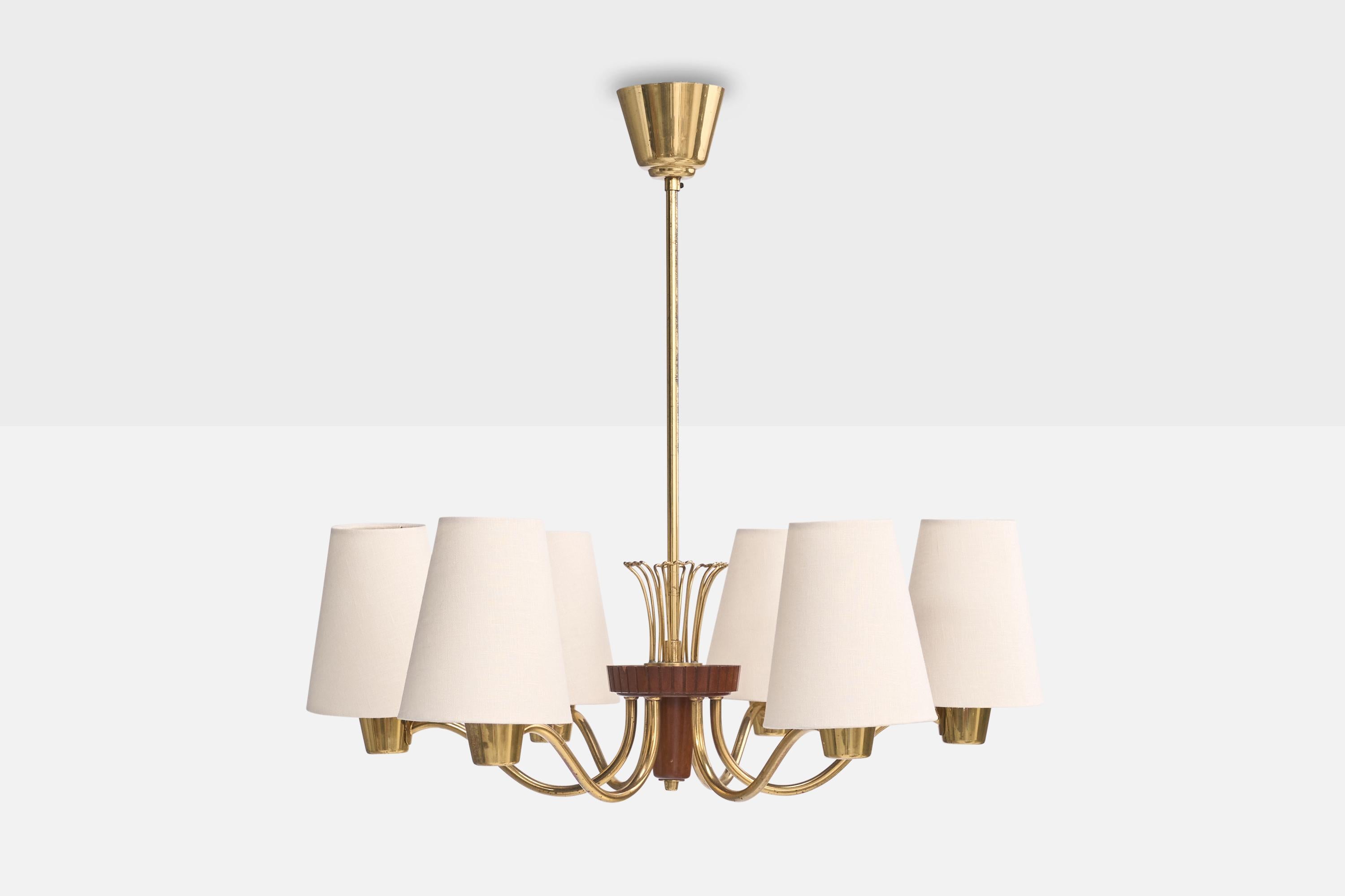 Swedish Designer, Chandelier, Brass, Wood, Fabric, Sweden, 1950s In Good Condition For Sale In High Point, NC