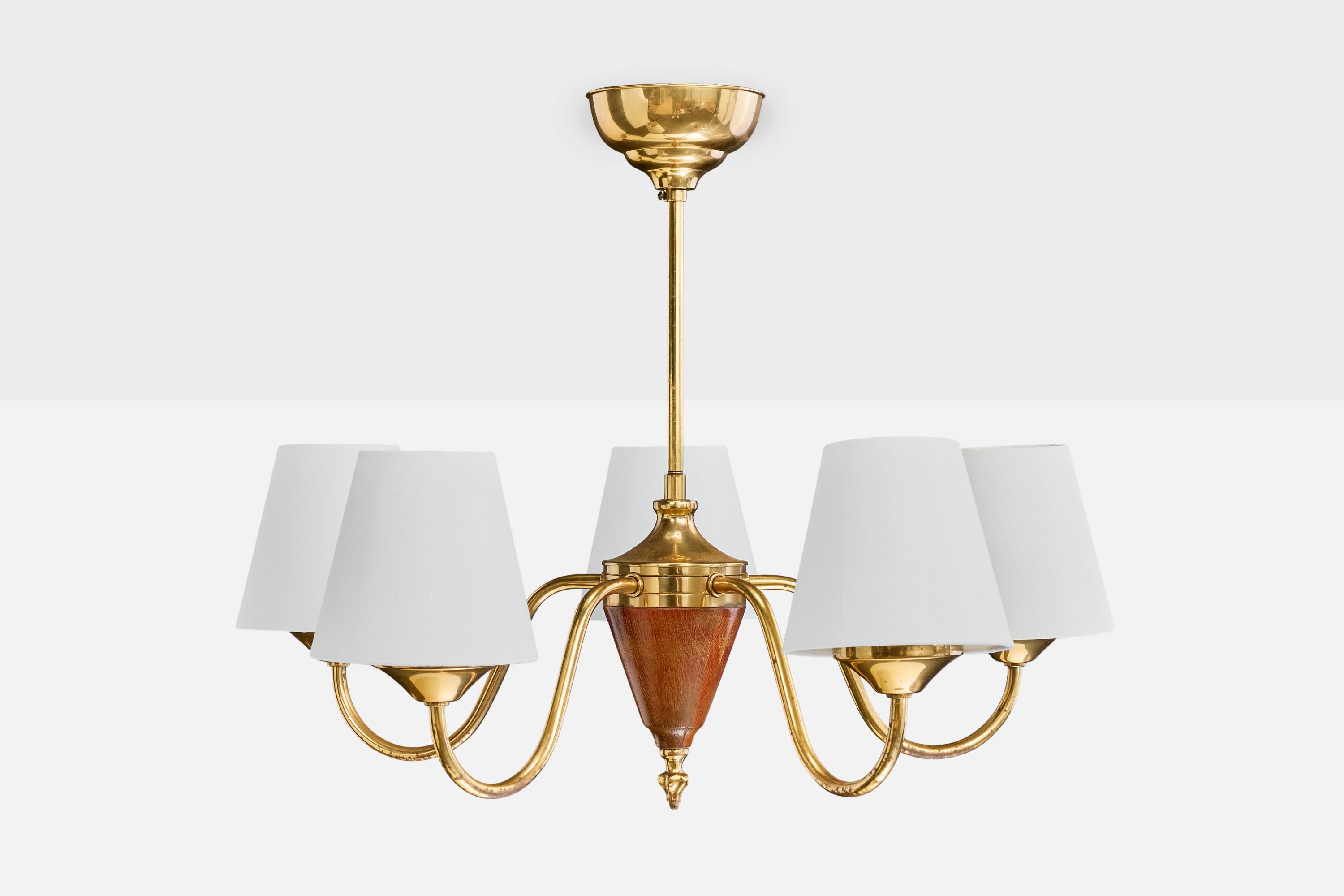 Mid-Century Modern Swedish Designer, Chandelier, Brass, Wood, Fabric, Sweden, 1950s For Sale