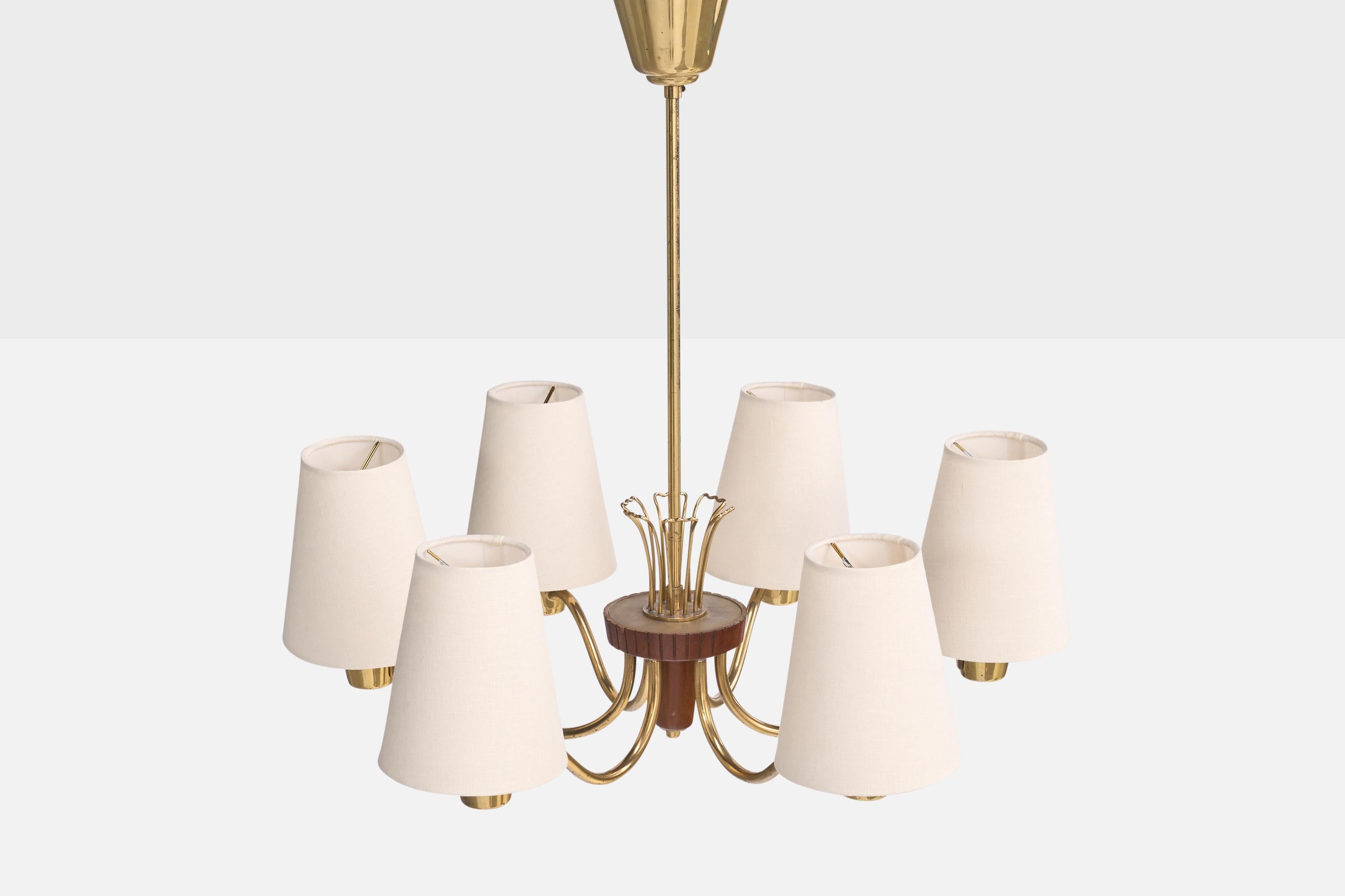 Mid-20th Century Swedish Designer, Chandelier, Brass, Wood, Fabric, Sweden, 1950s For Sale