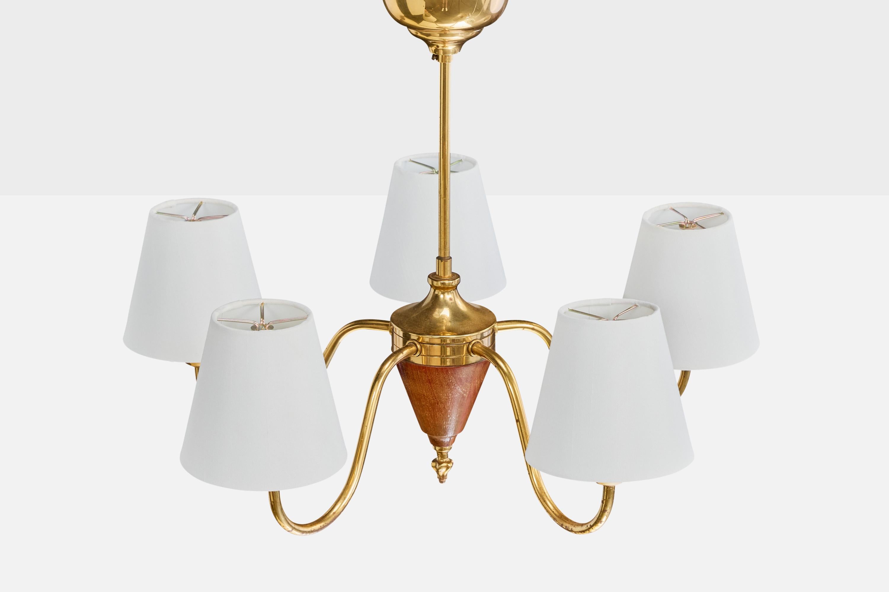 Swedish Designer, Chandelier, Brass, Wood, Fabric, Sweden, 1950s In Fair Condition For Sale In High Point, NC