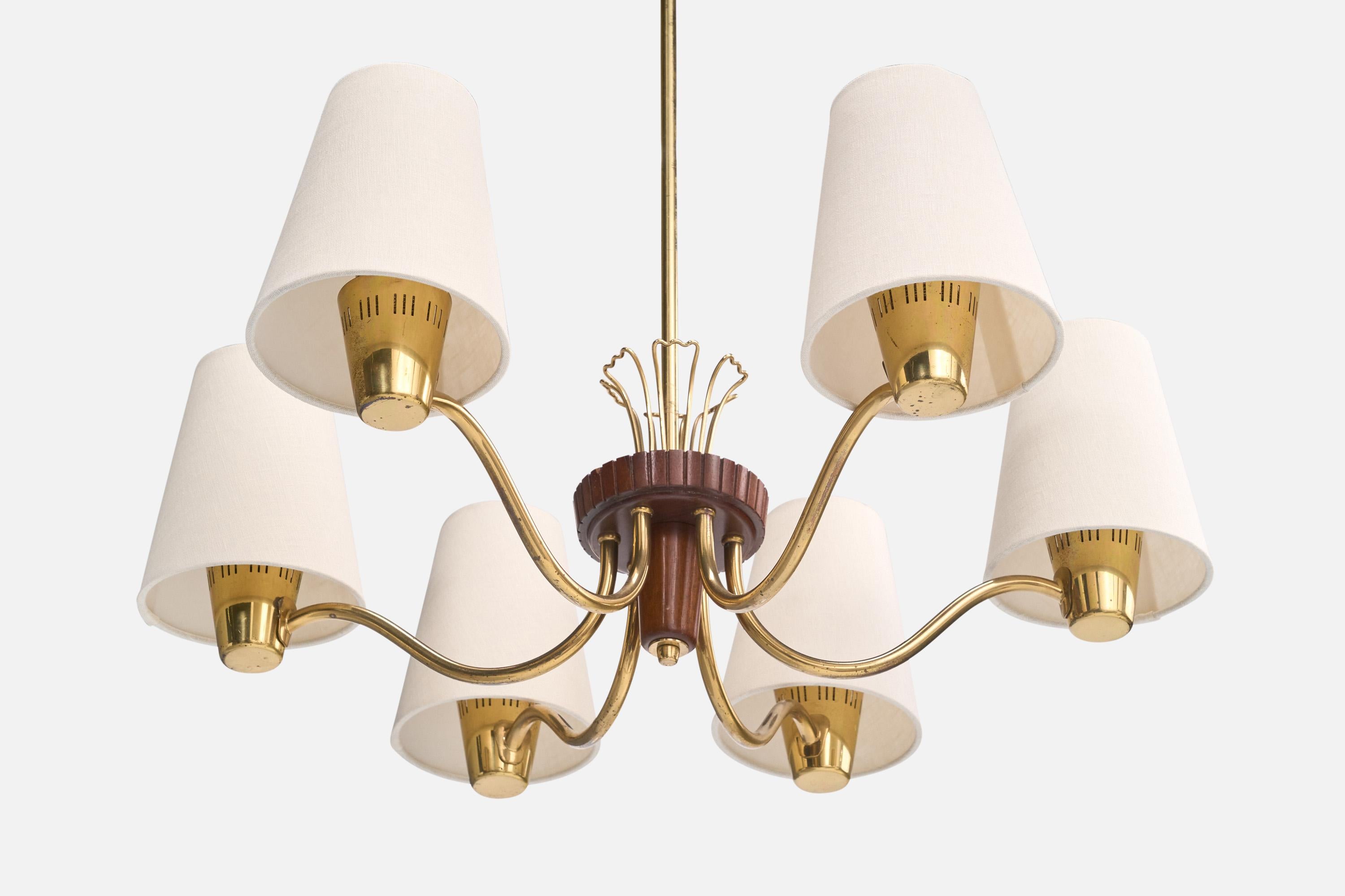 Swedish Designer, Chandelier, Brass, Wood, Fabric, Sweden, 1950s For Sale 1