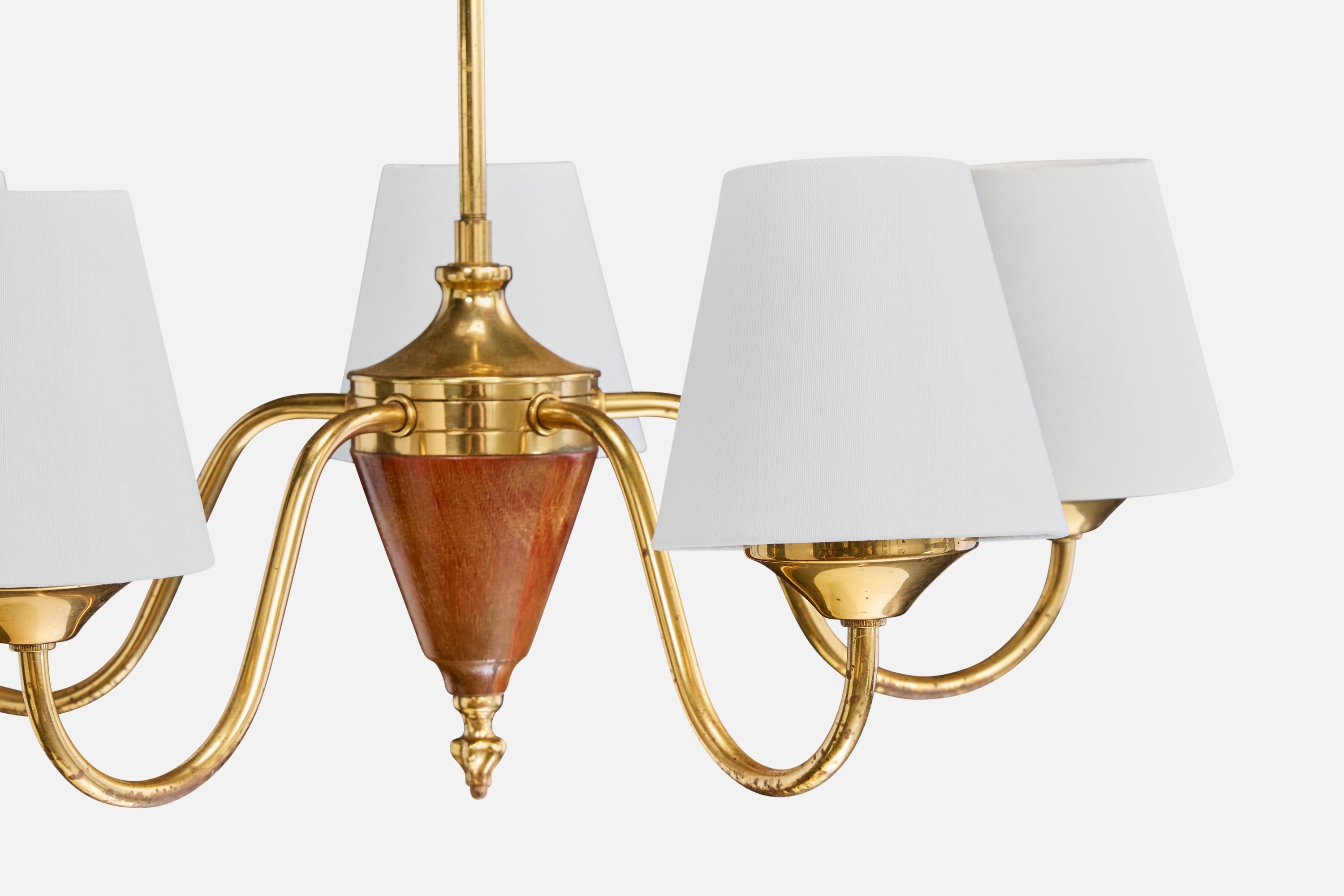 Mid-20th Century Swedish Designer, Chandelier, Brass, Wood, Fabric, Sweden, 1950s For Sale
