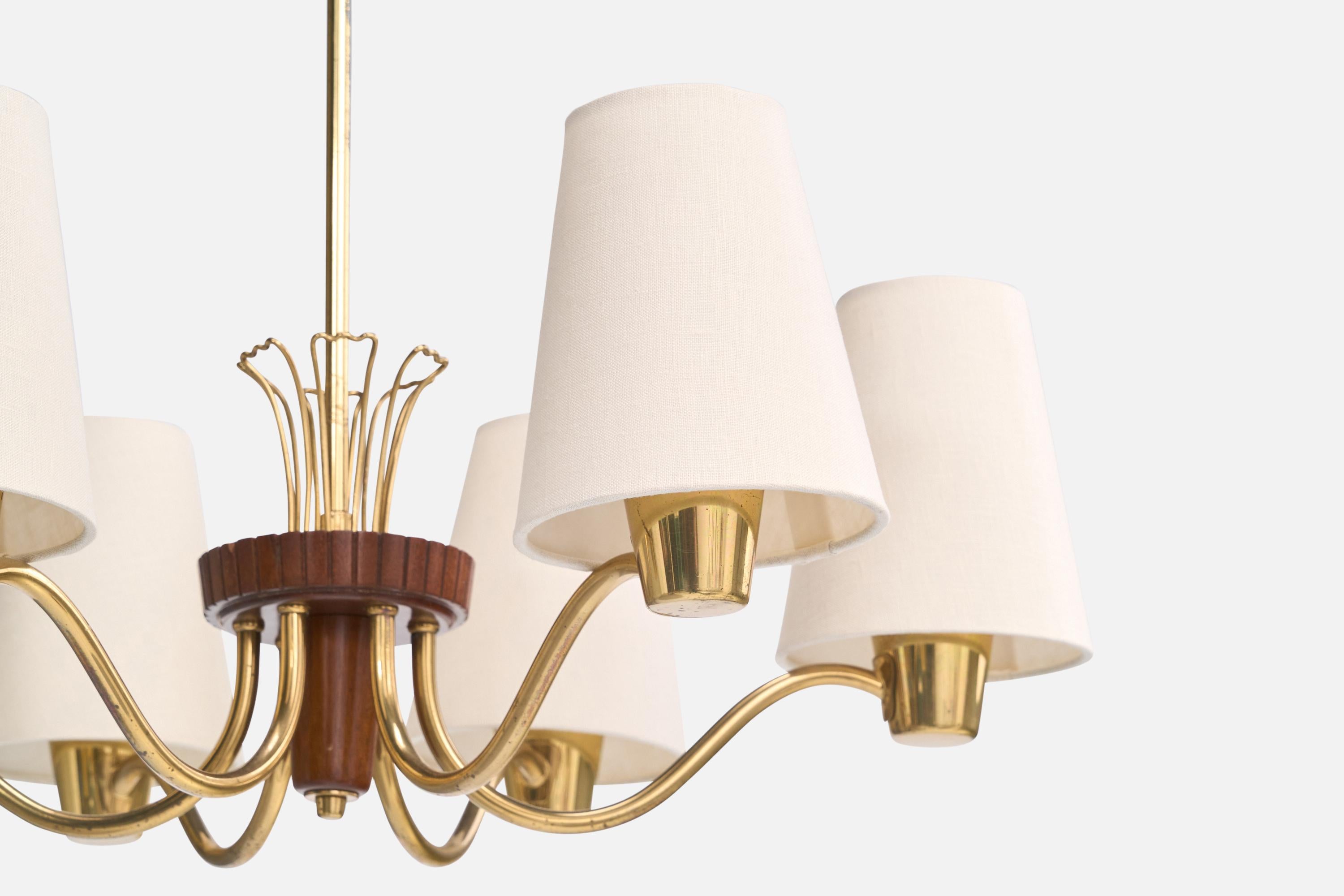 Swedish Designer, Chandelier, Brass, Wood, Fabric, Sweden, 1950s For Sale 2