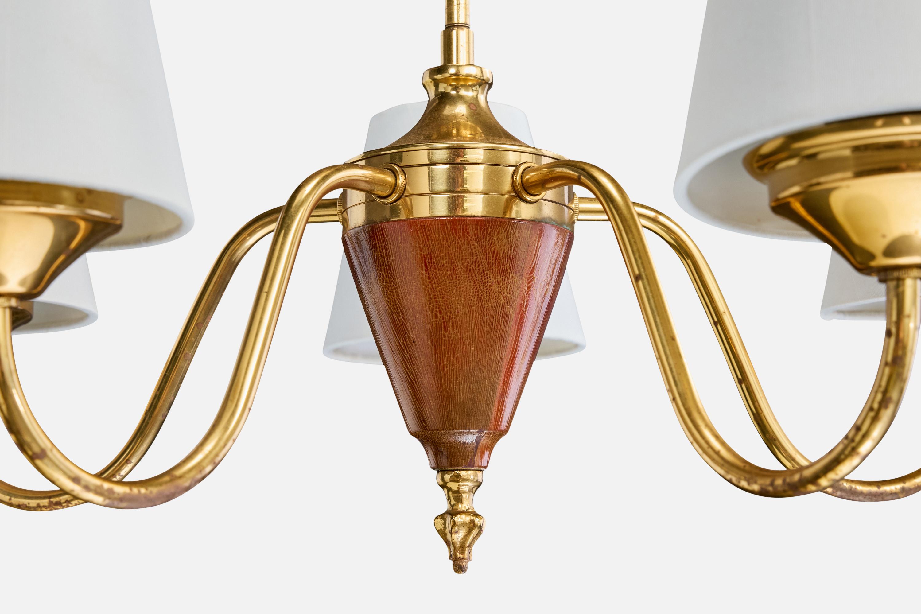 Swedish Designer, Chandelier, Brass, Wood, Fabric, Sweden, 1950s For Sale 1