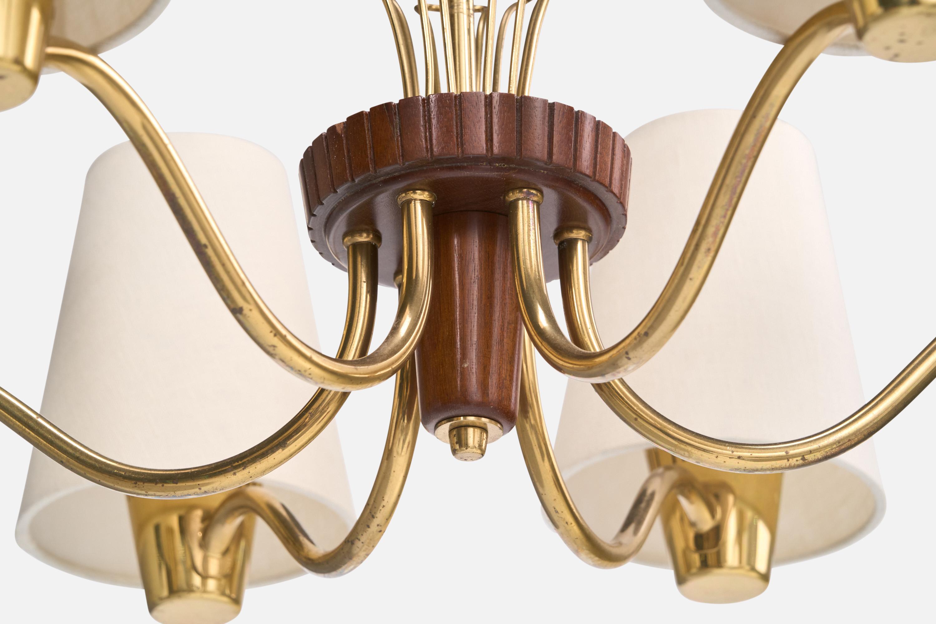 Swedish Designer, Chandelier, Brass, Wood, Fabric, Sweden, 1950s For Sale 3