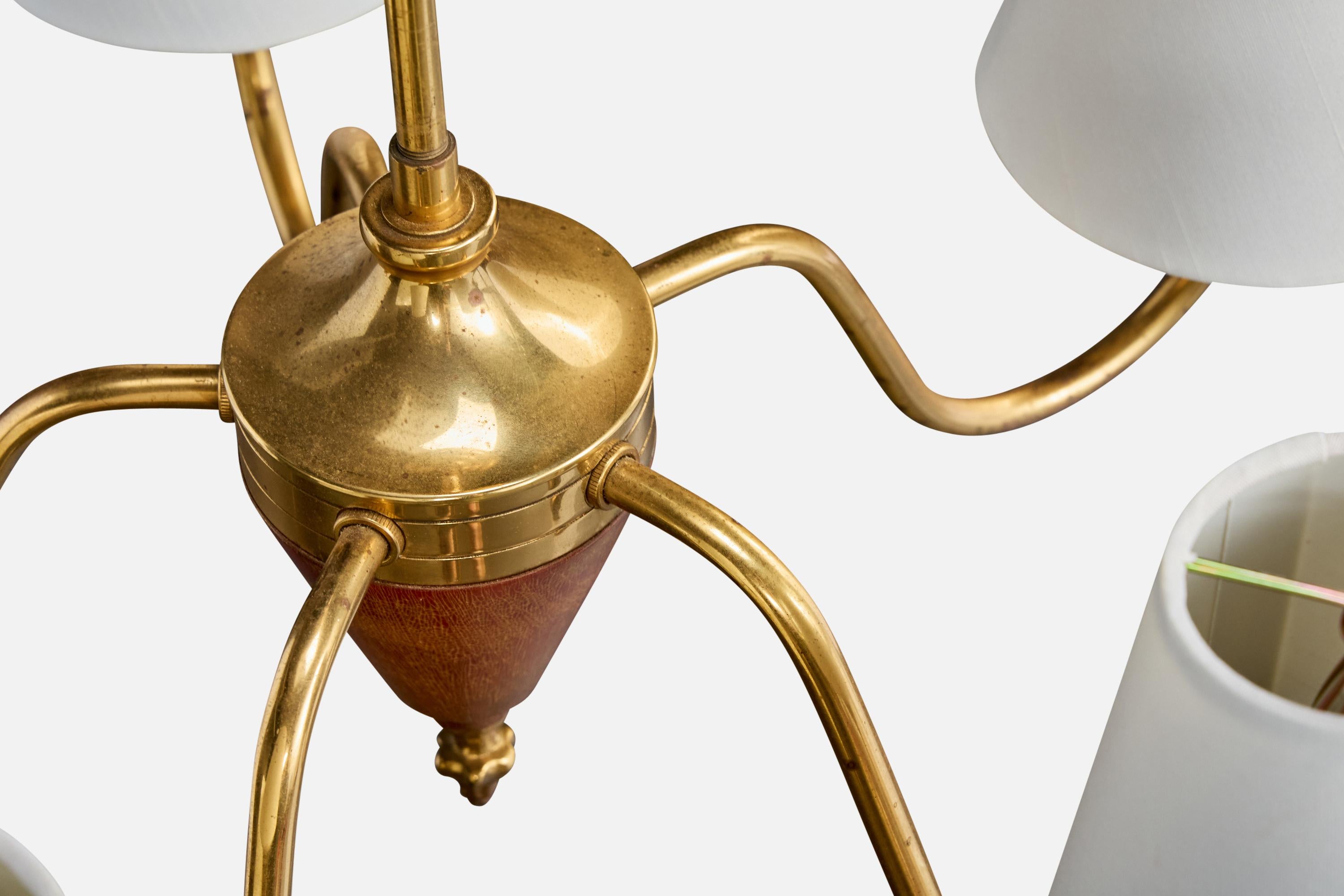 Swedish Designer, Chandelier, Brass, Wood, Fabric, Sweden, 1950s For Sale 2