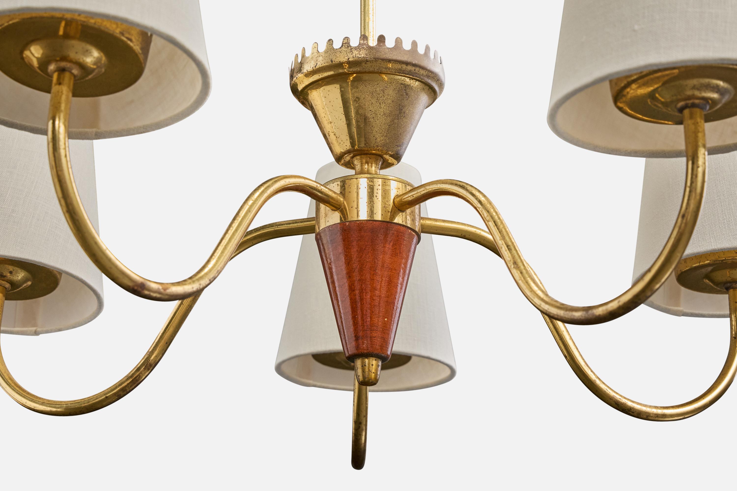 Schwedischer Designer, Kronleuchter, Messing, Holz, Stoff, Schweden, 1950er Jahre im Angebot 2