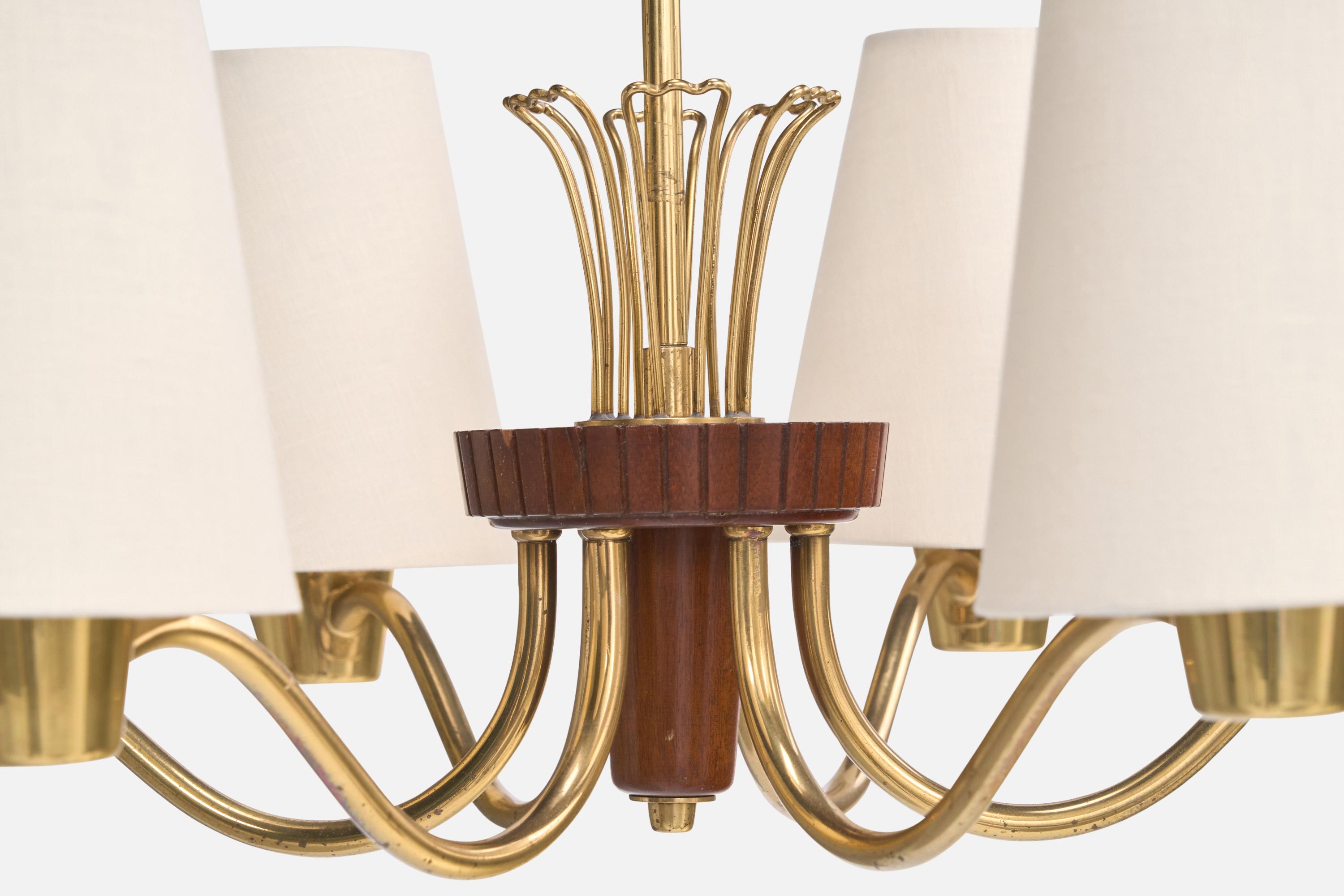 Swedish Designer, Chandelier, Brass, Wood, Fabric, Sweden, 1950s For Sale 4
