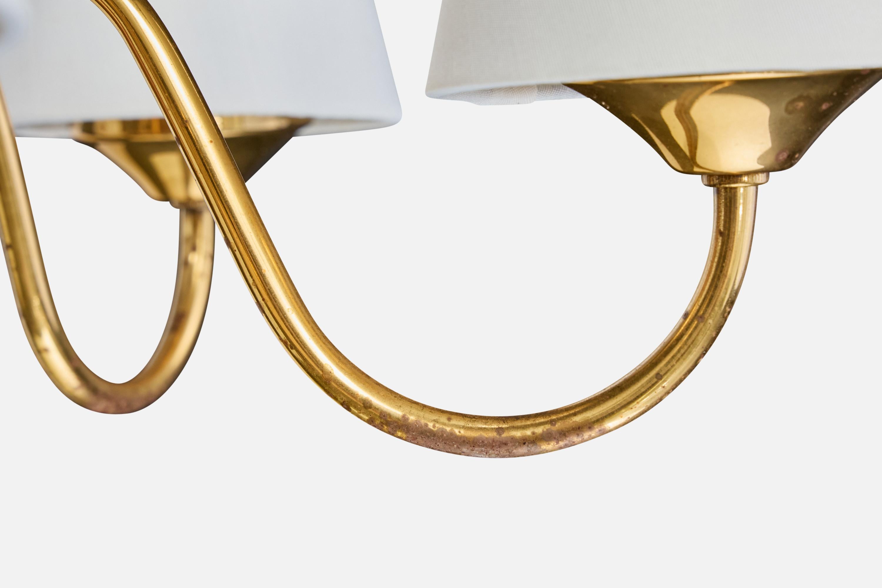 Swedish Designer, Chandelier, Brass, Wood, Fabric, Sweden, 1950s For Sale 3