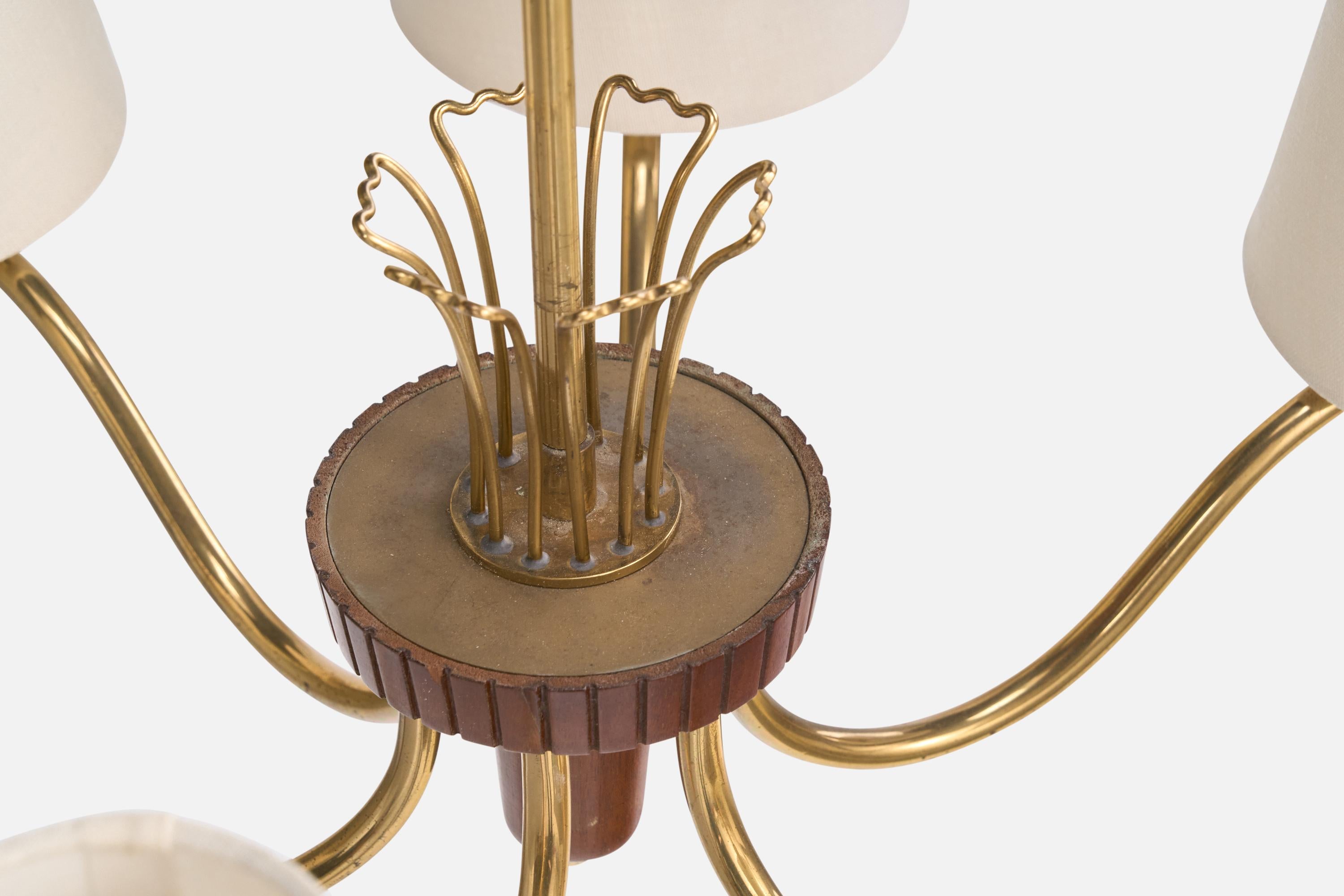 Swedish Designer, Chandelier, Brass, Wood, Fabric, Sweden, 1950s For Sale 5