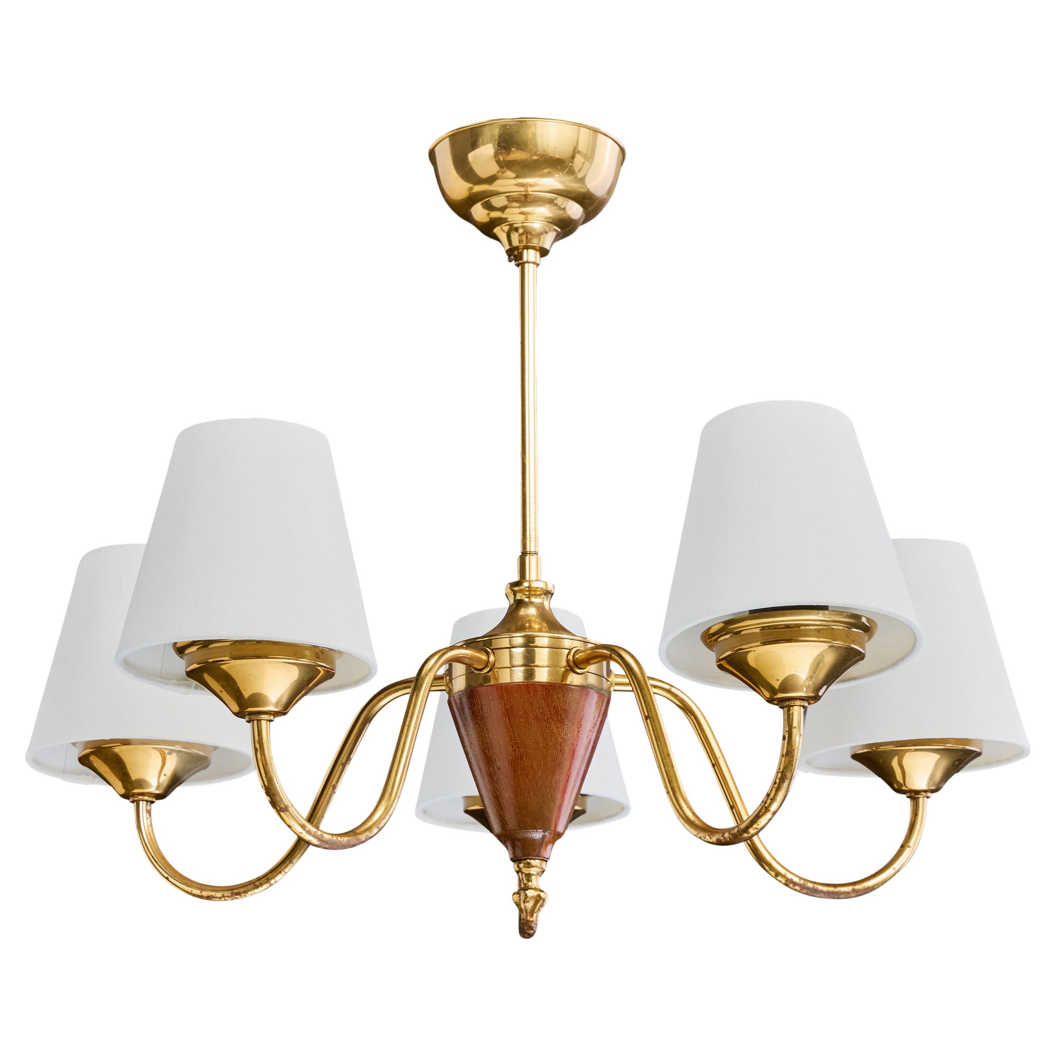 Swedish Designer, Chandelier, Brass, Wood, Fabric, Sweden, 1950s For Sale