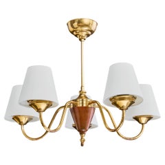 Swedish Designer, Chandelier, Brass, Wood, Fabric, Sweden, 1950s