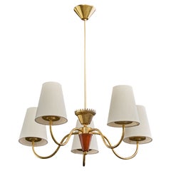 Swedish Designer, Chandelier, Brass, Wood, Fabric, Sweden, 1950s