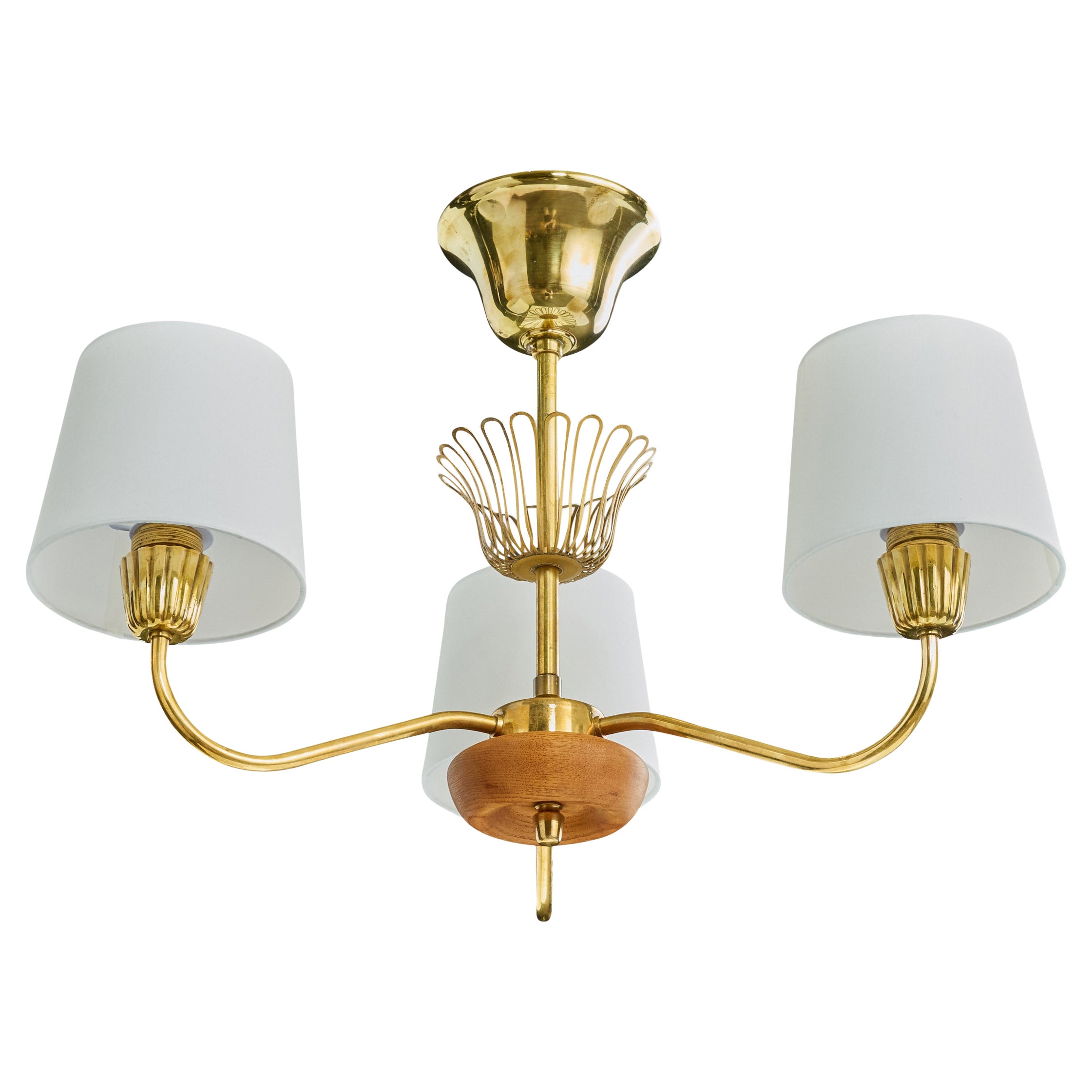 Swedish Designer, Chandelier, Brass, Wood, Fabric, Sweden, 1950s