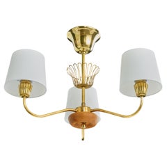 Swedish Designer, Chandelier, Brass, Wood, Fabric, Sweden, 1950s