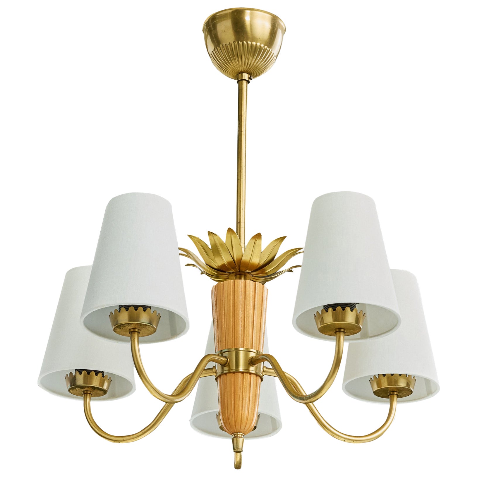 Swedish Designer, Chandelier, Brass, Wood, Fabric, Sweden, 1950s