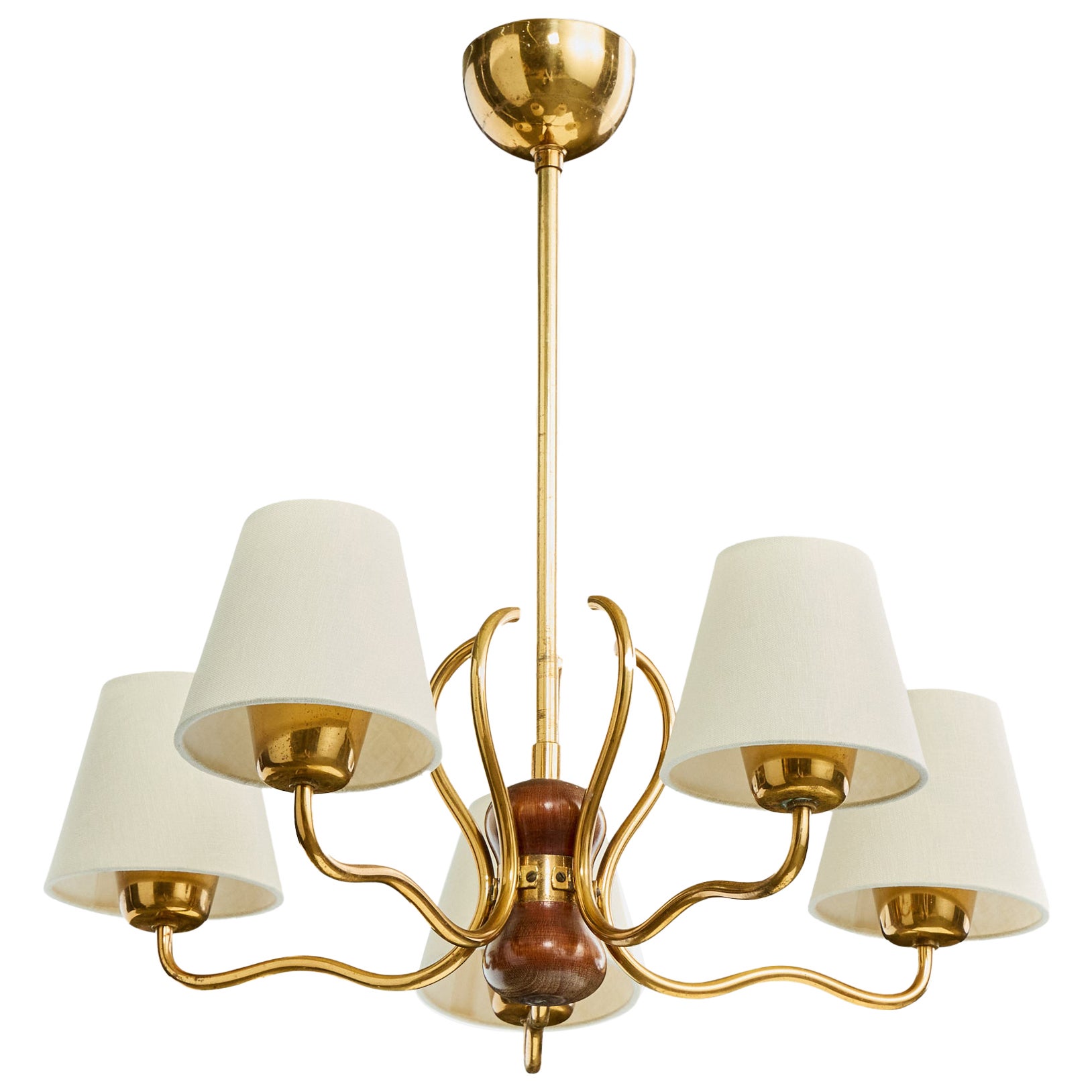 Swedish Designer, Chandelier, Brass, Wood, Fabric, Sweden, 1950s