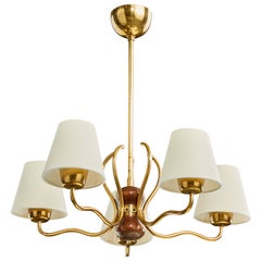 Swedish Designer, Chandelier, Brass, Wood, Fabric, Sweden, 1950s