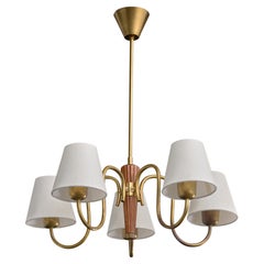 Swedish Designer, Chandelier, Brass, Wood, Fabric, Sweden, 1950s