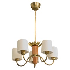 Swedish Designer, Chandelier, Brass, Wood, Fabric, Sweden, 1950s