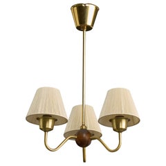 Swedish Designer, Chandelier, Brass, Wood, Fabric, Sweden, 1950s