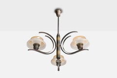 Schwedischer Designer, Kronleuchter, Messing, Holz, Glas, Schweden, 1930er Jahre