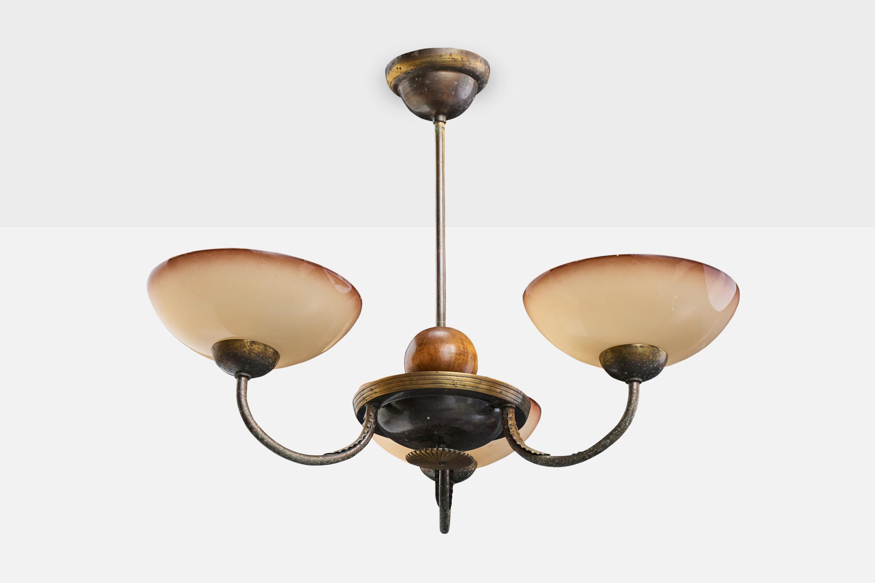 A brass, wood and opaline glass chandelier designed and produced in Sweden, c. 1930s.

Overall Dimensions (inches): 17.25
