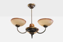 Schwedischer Designer, Kronleuchter, Messing, Holz, Glas, Schweden, 1930er Jahre