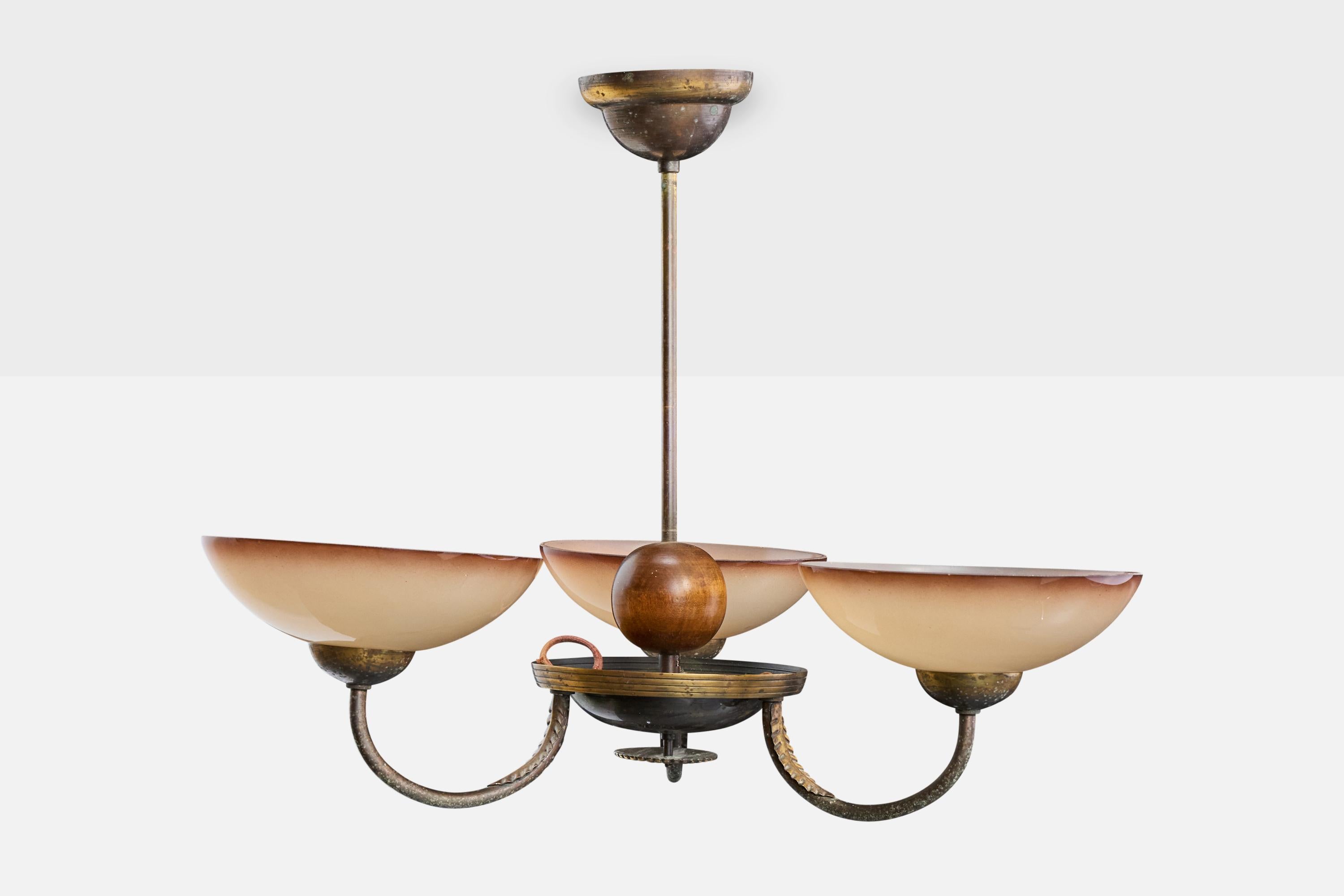 Scandinavian Modern Swedish Designer, Chandelier, Brass, Wood, Glass, Sweden, 1930s For Sale