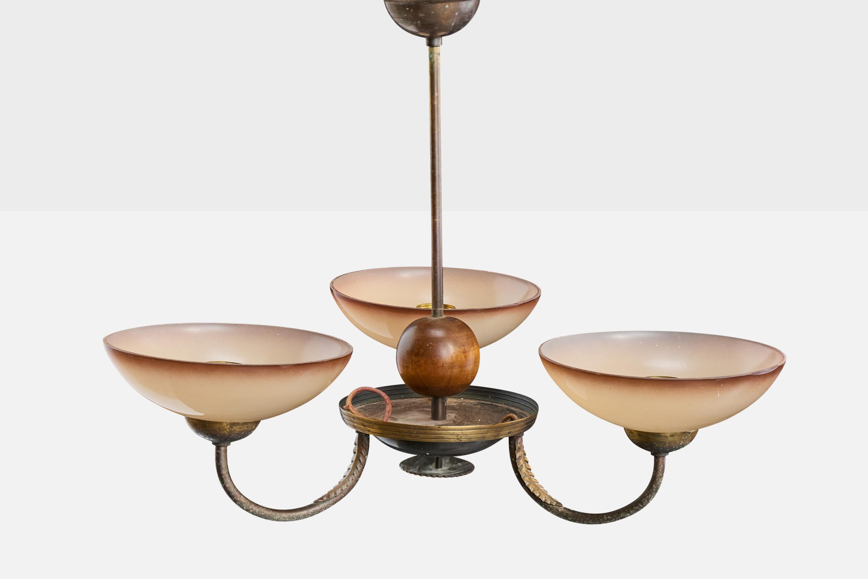 Swedish Designer, Chandelier, Brass, Wood, Glass, Sweden, 1930s In Good Condition For Sale In High Point, NC