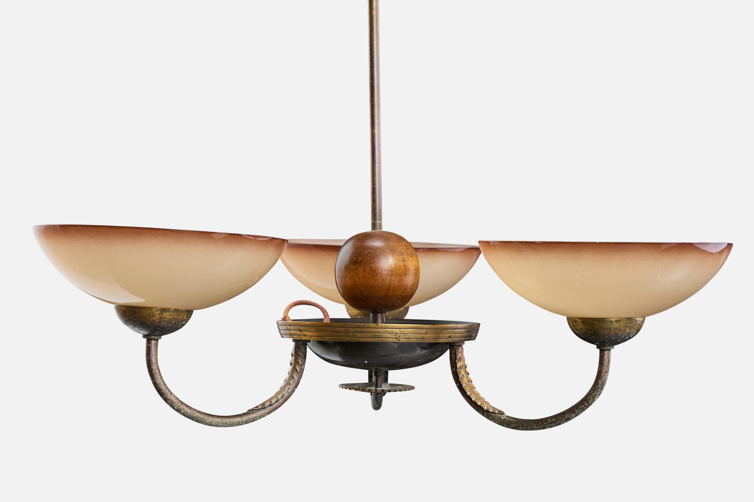 Mid-20th Century Swedish Designer, Chandelier, Brass, Wood, Glass, Sweden, 1930s For Sale