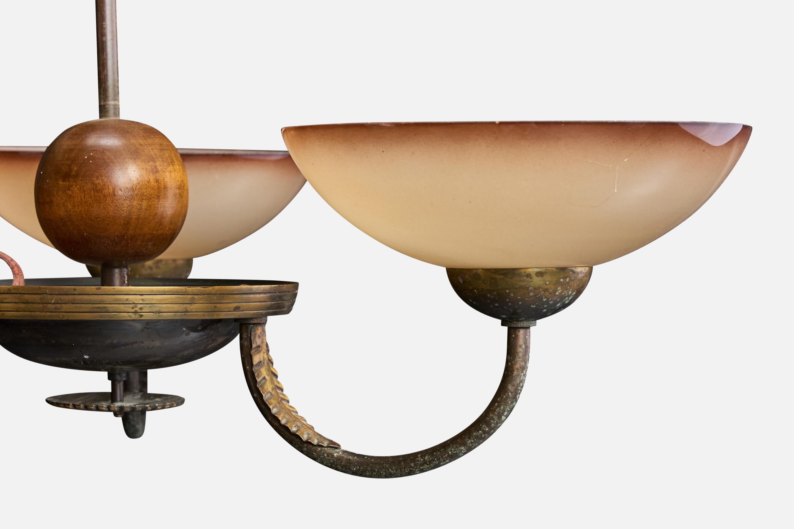 Swedish Designer, Chandelier, Brass, Wood, Glass, Sweden, 1930s For Sale 1