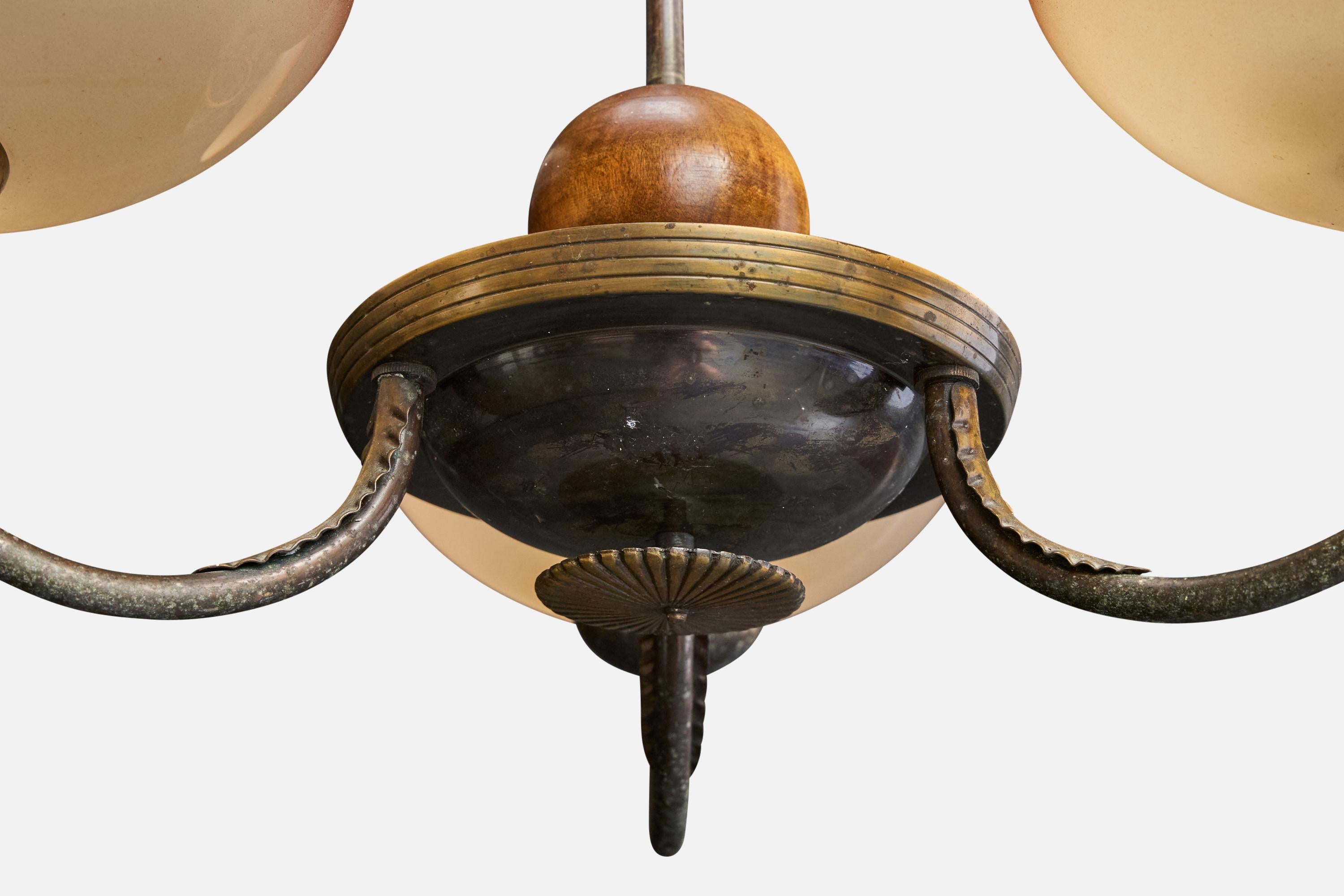 Swedish Designer, Chandelier, Brass, Wood, Glass, Sweden, 1930s For Sale 2