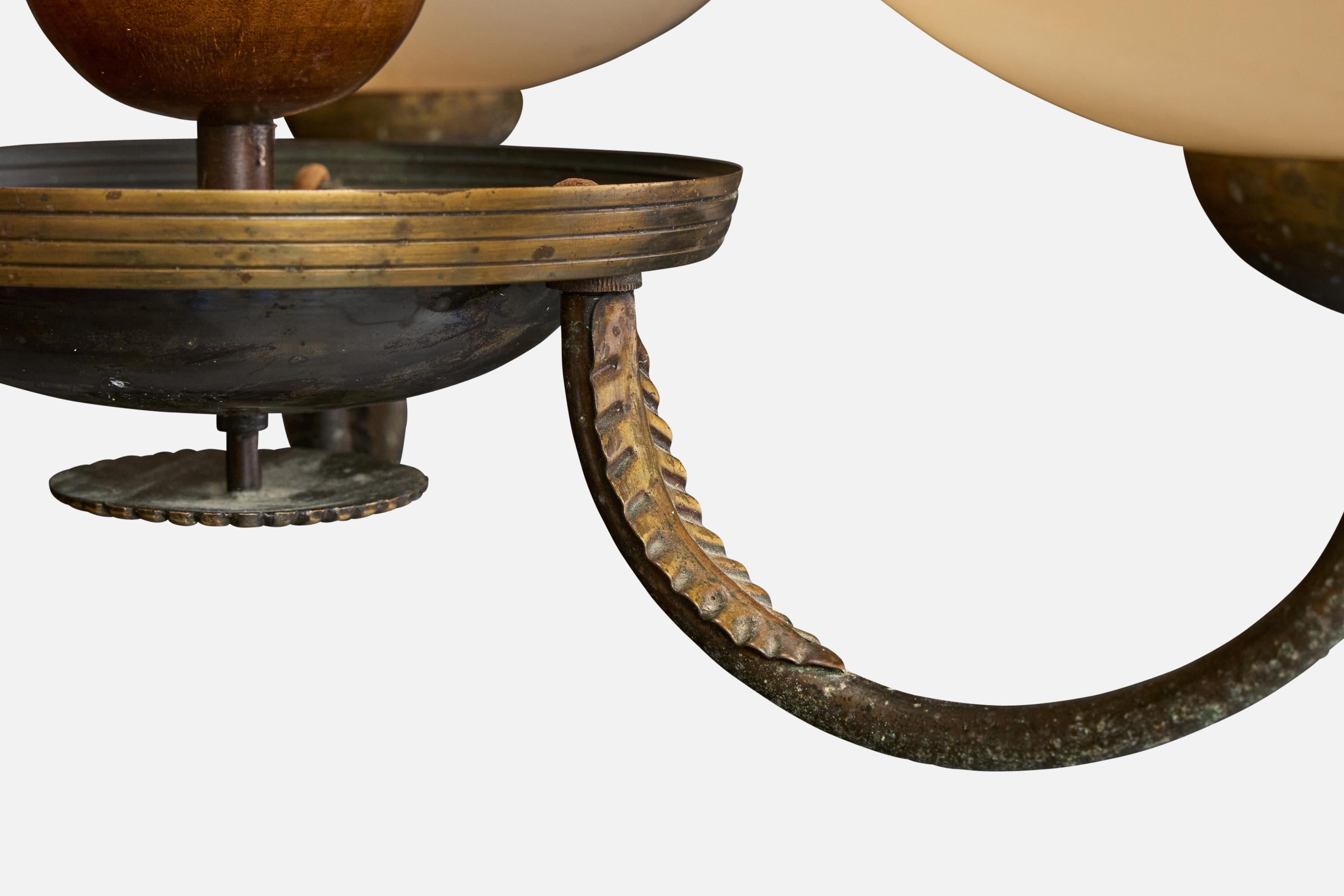 Swedish Designer, Chandelier, Brass, Wood, Glass, Sweden, 1930s For Sale 3