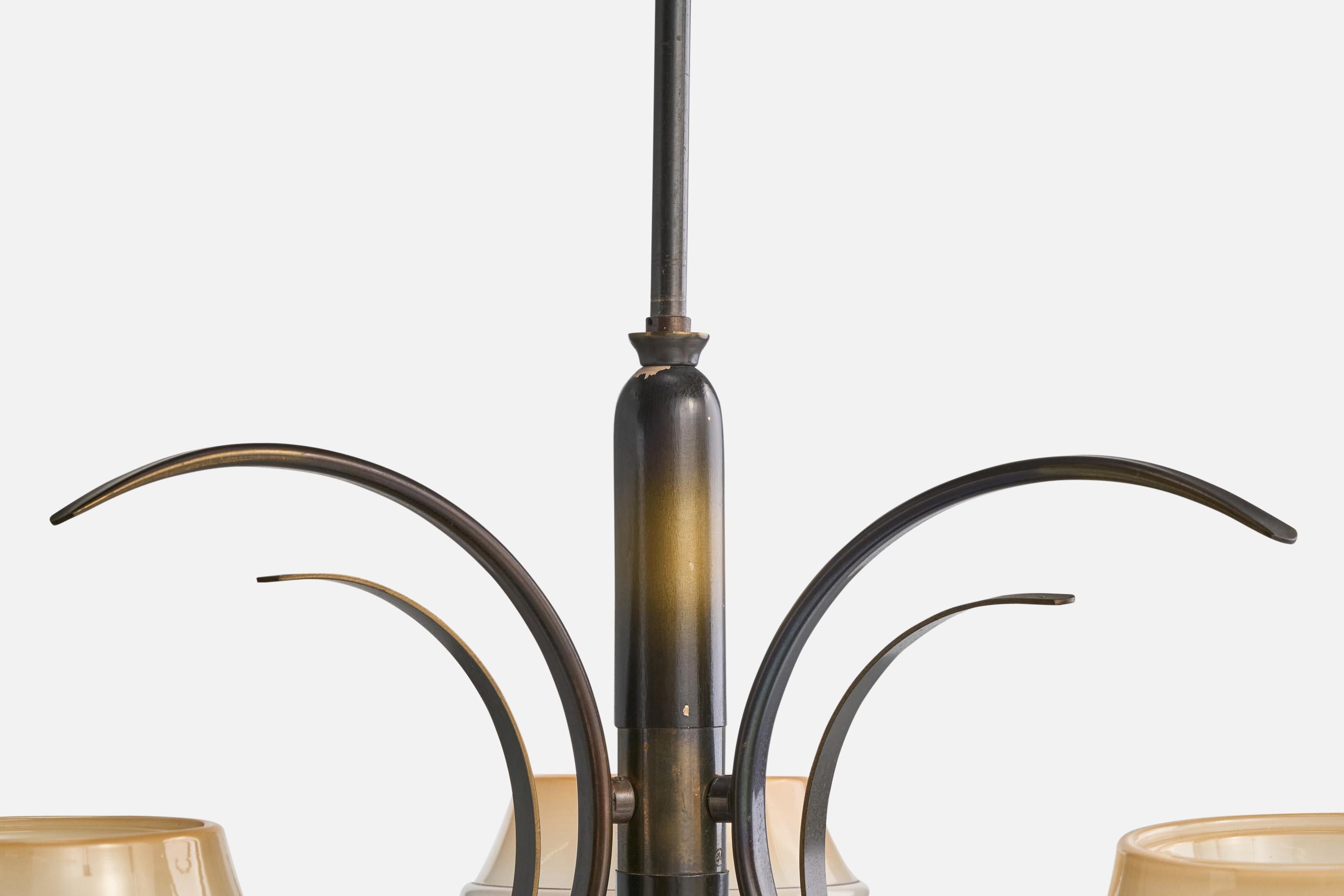 Designer suédois, lustre, laiton, bois, verre, Suède, années 1930 en vente 3