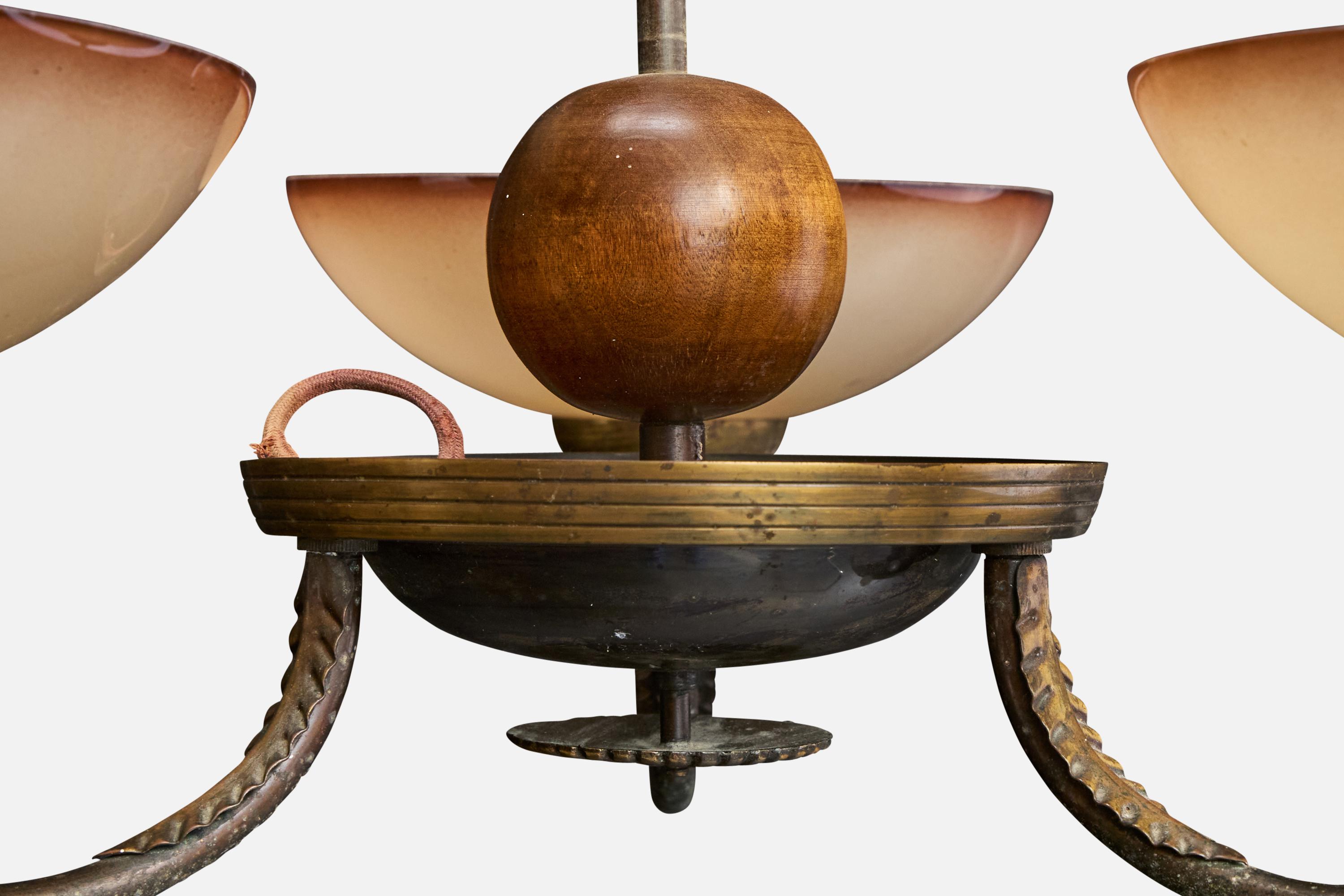 Swedish Designer, Chandelier, Brass, Wood, Glass, Sweden, 1930s For Sale 4