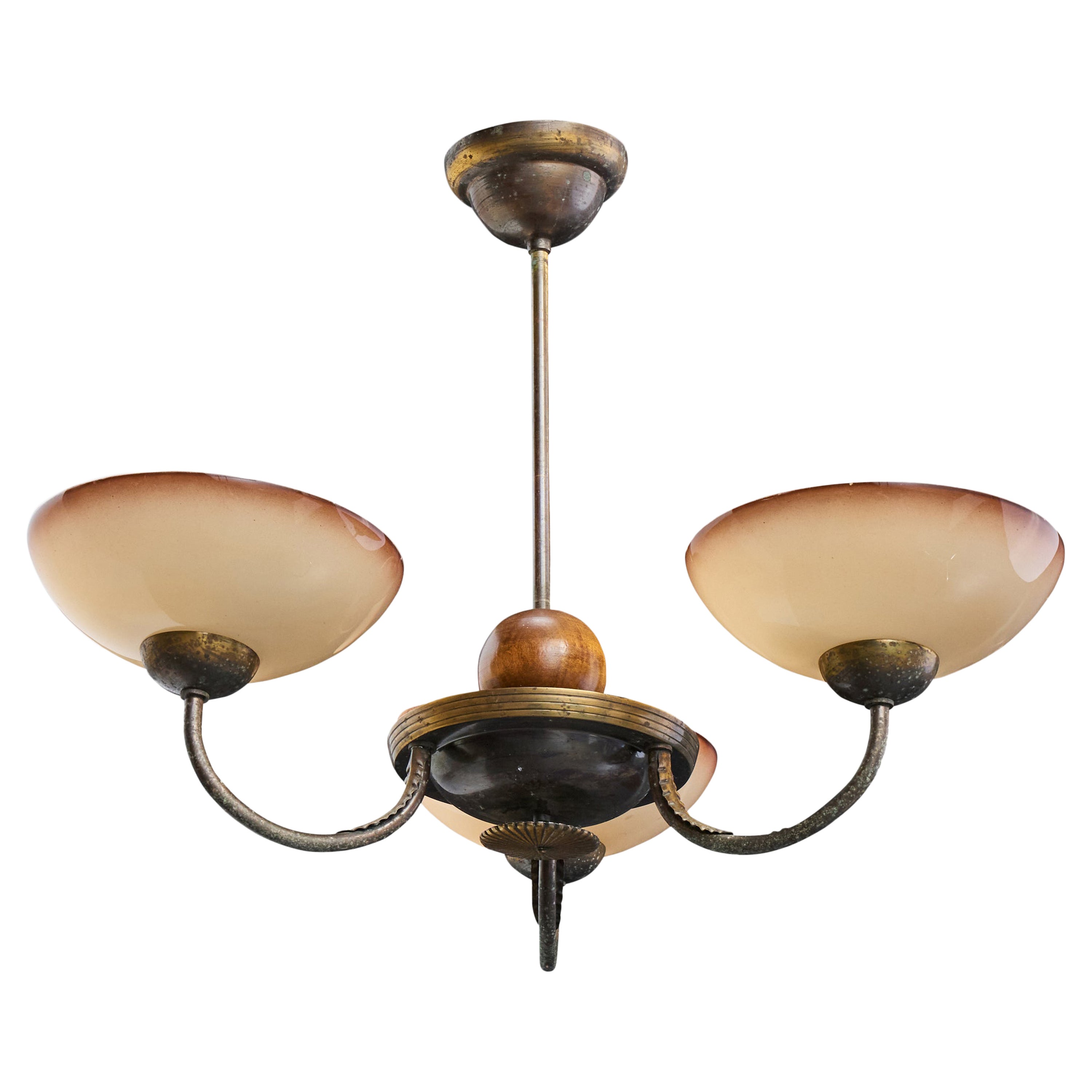 Swedish Designer, Chandelier, Brass, Wood, Glass, Sweden, 1930s