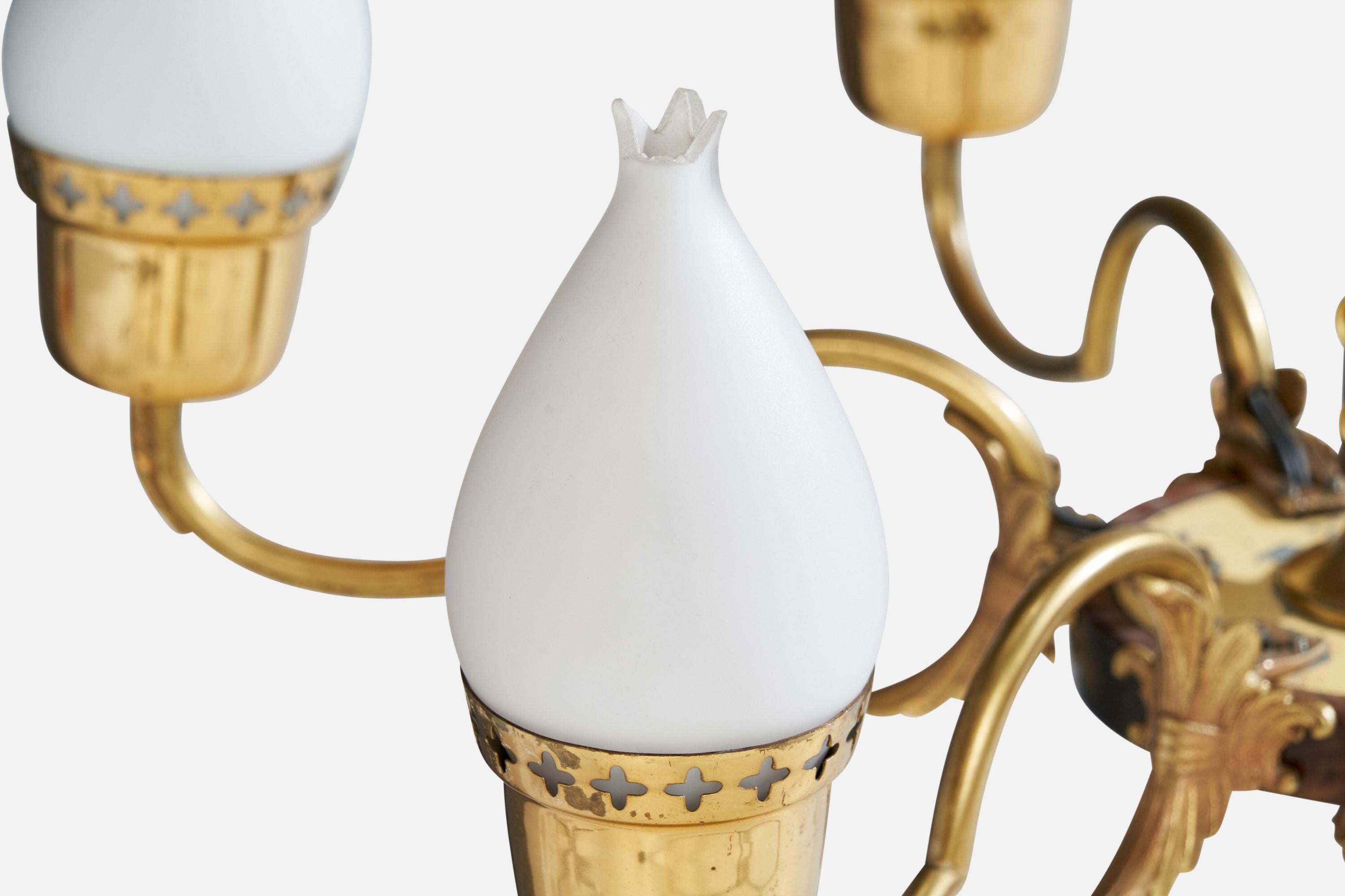 Swedish Designer, Chandelier, Brass, Wood, Glass, Sweden, 1940s For Sale 5