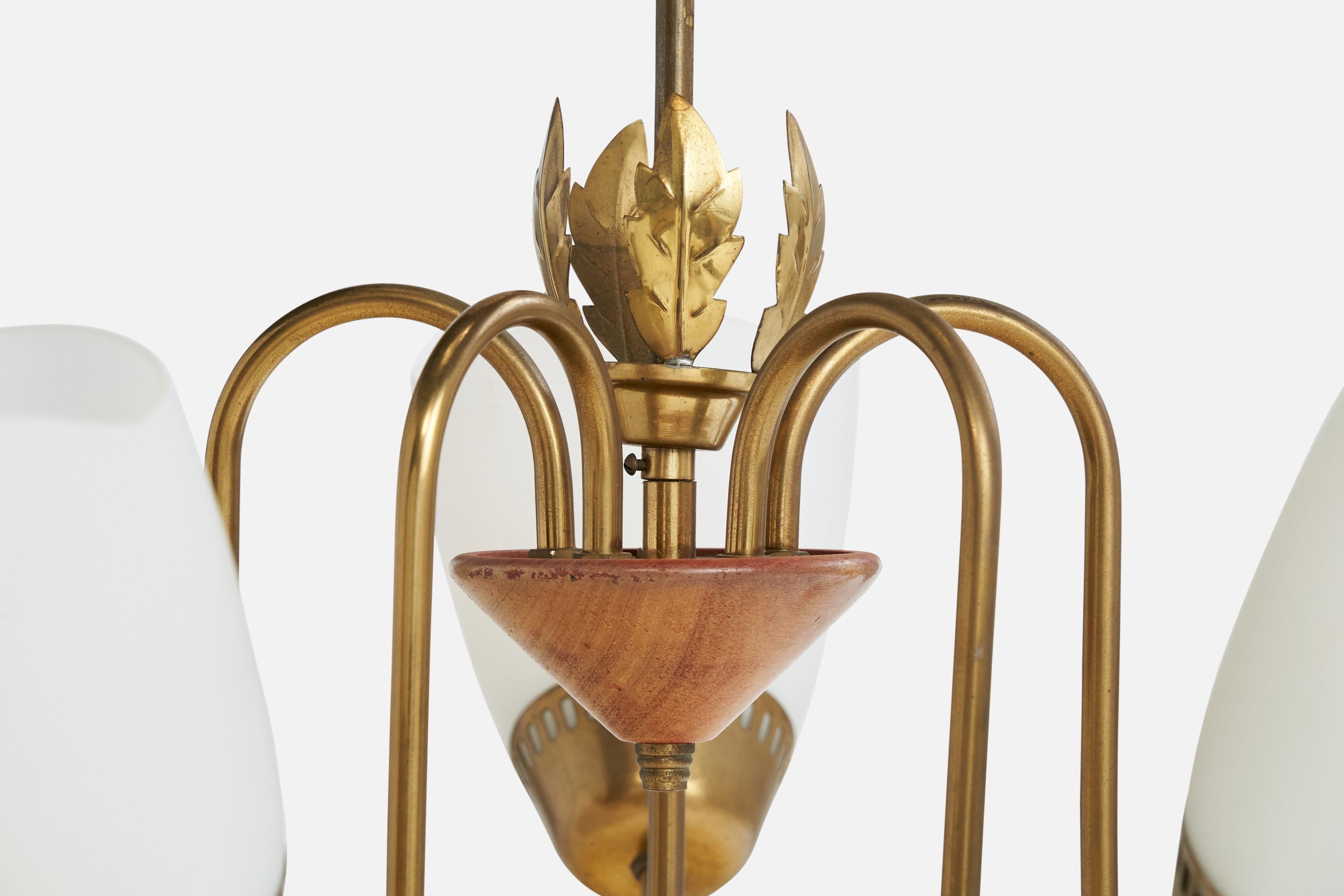 Swedish Designer, Chandelier, Brass, Wood, Glass, Sweden, 1940s For Sale 5