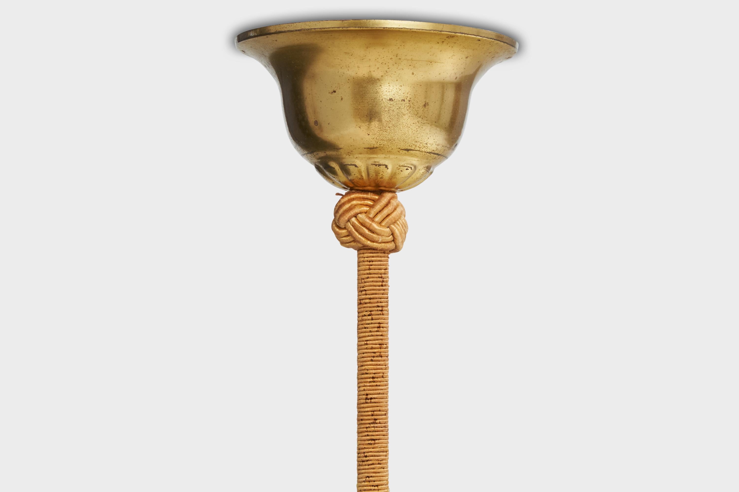 Swedish Designer, Chandelier, Brass, Wood, Glass, Sweden, 1940s For Sale 6