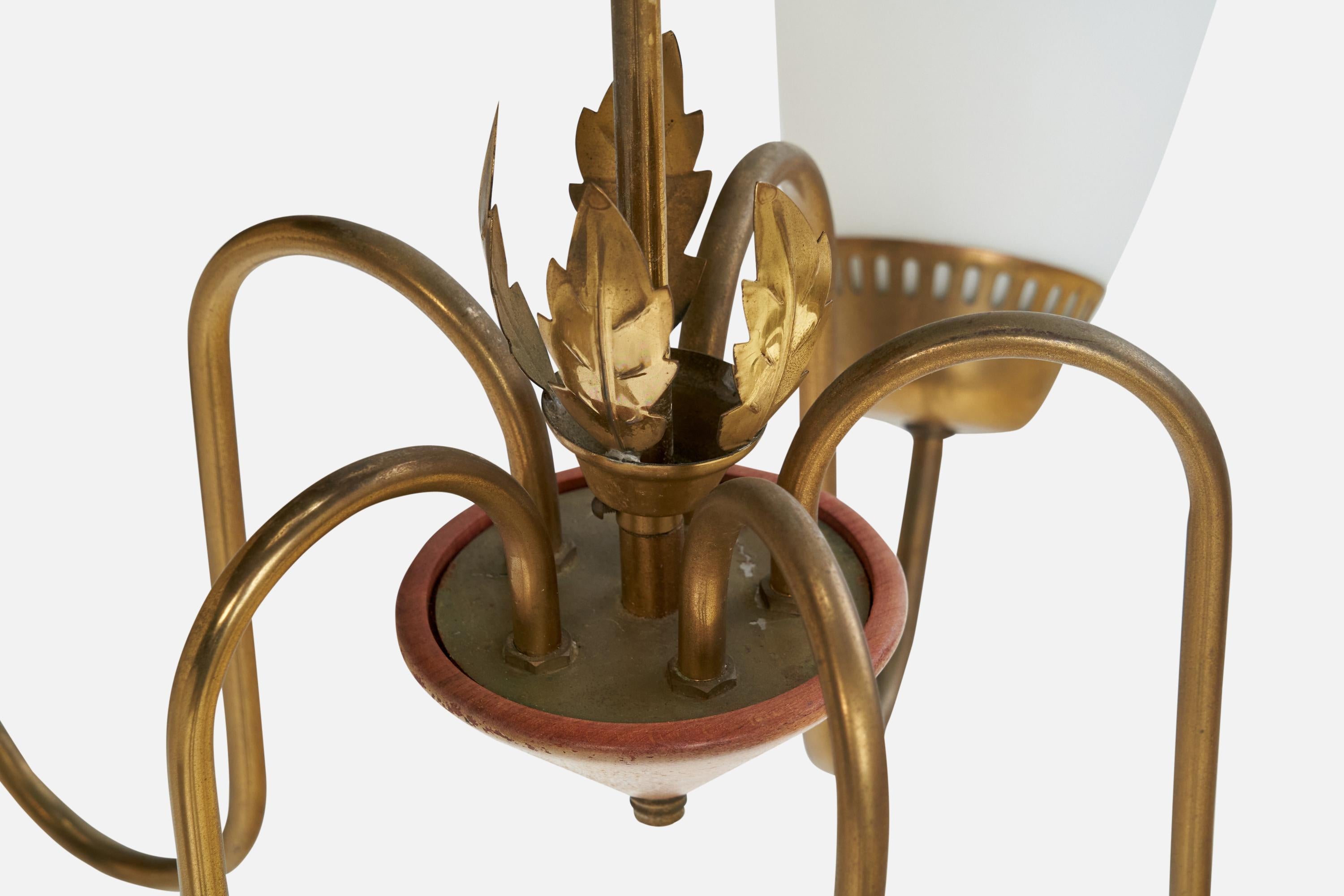 Swedish Designer, Chandelier, Brass, Wood, Glass, Sweden, 1940s For Sale 6